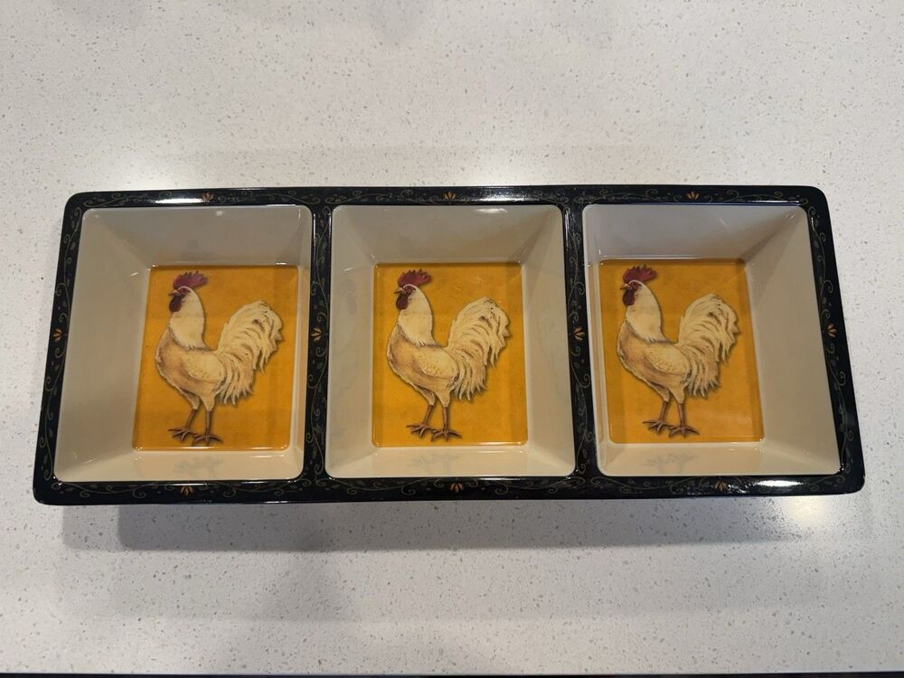 Vintage Melamine Rooster Three Section Serving Tray Country Kitchen Farmhouse